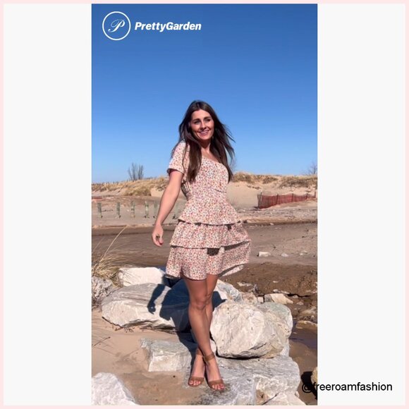 Floral Square Neck Tiered Ruffle Boho Swing Dress Short Sleeve Summer - Picture 7 of 7